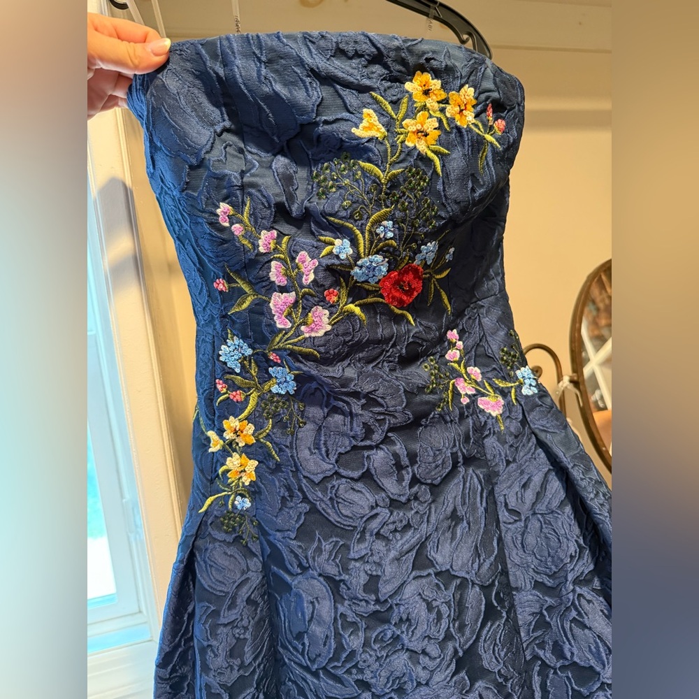 Sachin + Babi Navy Strapless Gown with Colorful Embroidery - Picture 9 of 12